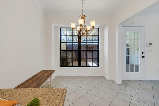 dining area featuring a notable chandelier, ornamental molding, light tile patterned flooring, and baseboards