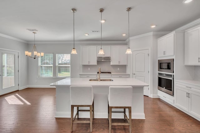 kitchen featuring tasteful backsplash, appliances with stainless steel finishes, dark wood-style flooring, and under cabinet range hood