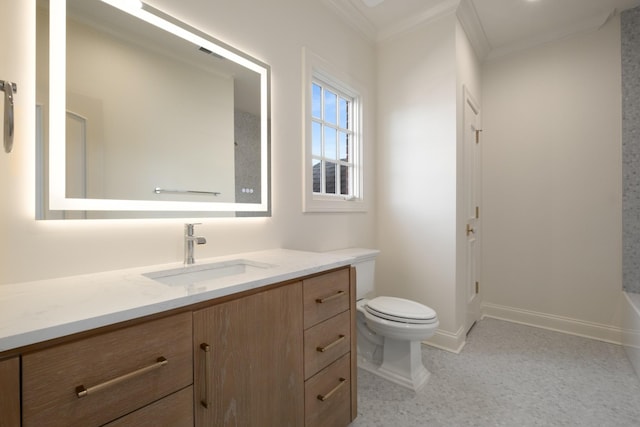 full bath with ornamental molding, baseboards, vanity, and toilet