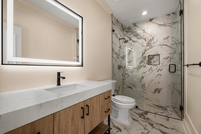 full bathroom featuring a marble finish shower, toilet, marble finish floor, vanity, and recessed lighting