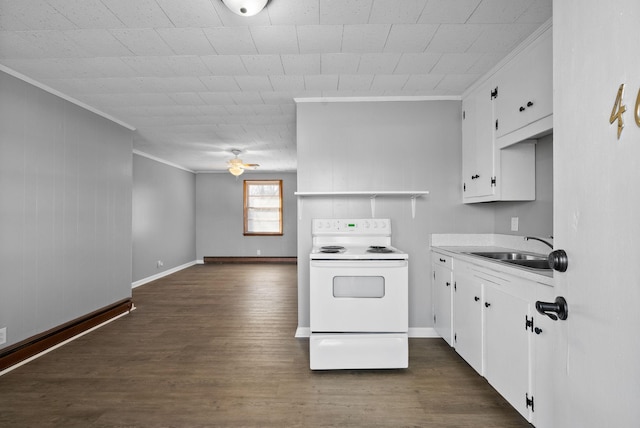 kitchen featuring a sink, white cabinets, electric stove, dark wood-style floors, and crown molding