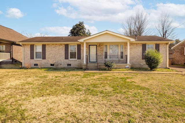 ranch-style house with covered porch, brick siding, crawl space, and a front yard