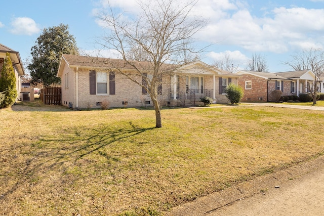 single story home with brick siding, crawl space, and a front lawn