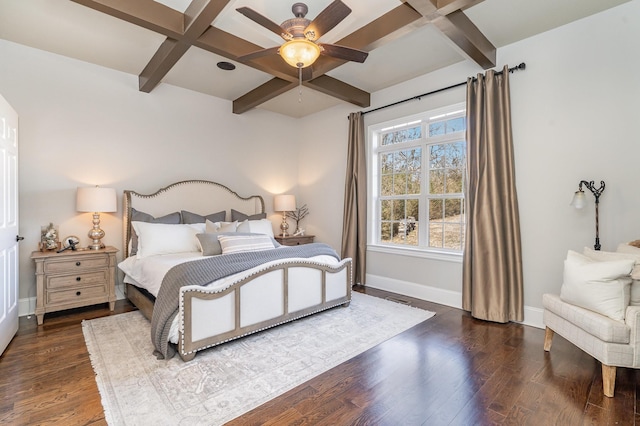 bedroom with coffered ceiling, wood finished floors, visible vents, baseboards, and beam ceiling