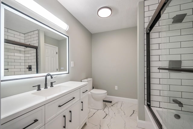 bathroom featuring enclosed tub / shower combo, toilet, vanity, baseboards, and marble finish floor