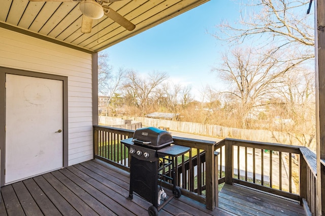 wooden terrace featuring a fenced backyard, ceiling fan, and area for grilling