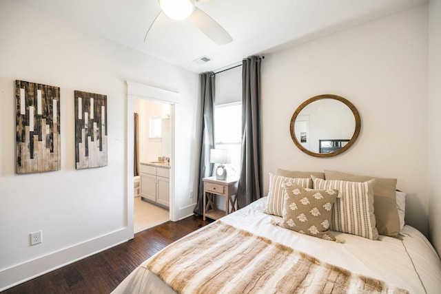 bedroom featuring baseboards, visible vents, a ceiling fan, dark wood-style flooring, and ensuite bathroom