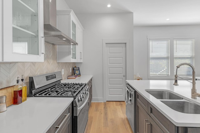 kitchen with light wood-style flooring, a sink, light countertops, wall chimney range hood, and appliances with stainless steel finishes