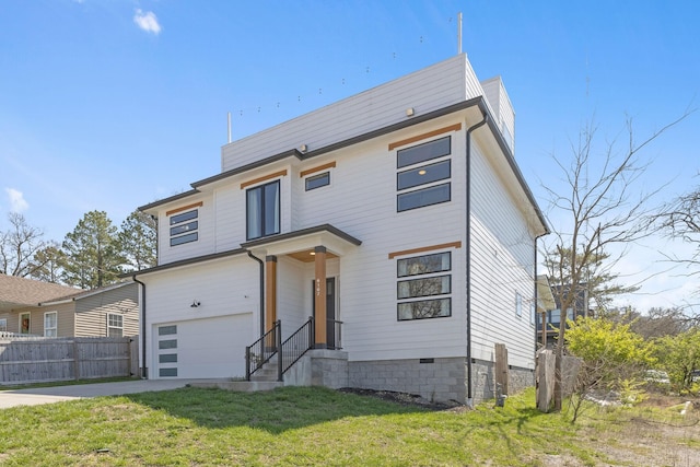 view of front facade featuring concrete driveway, a front lawn, an attached garage, and fence