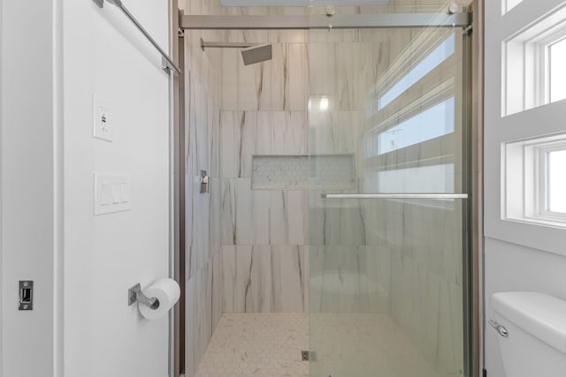 full bath with toilet and a shower stall