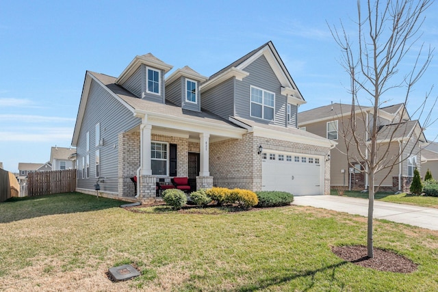 craftsman house featuring a porch, a garage, fence, concrete driveway, and a front lawn