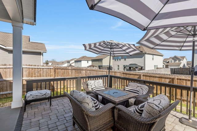 view of patio / terrace with a fenced backyard and a residential view