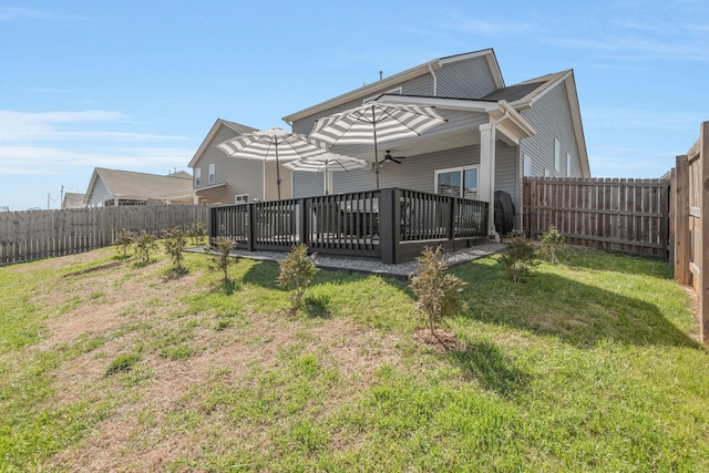 back of property featuring a fenced backyard, a yard, and a deck