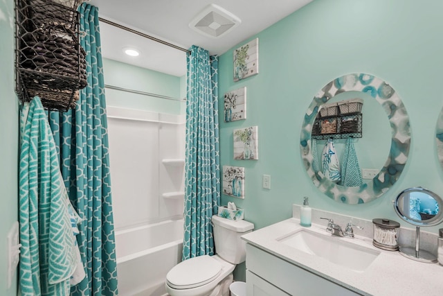 bathroom with shower / bath combo, visible vents, vanity, and toilet