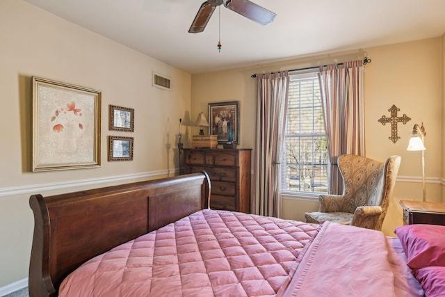 bedroom featuring multiple windows, visible vents, and a ceiling fan