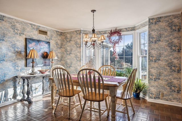 dining space featuring wallpapered walls, visible vents, baseboards, and a chandelier