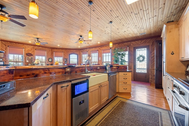 kitchen with wooden ceiling, a sink, light wood-style floors, appliances with stainless steel finishes, and pendant lighting