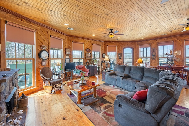 living room featuring visible vents, a ceiling fan, hardwood / wood-style flooring, wood ceiling, and a fireplace