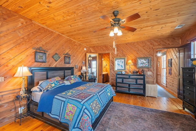 bedroom featuring hardwood / wood-style floors, wooden ceiling, and radiator