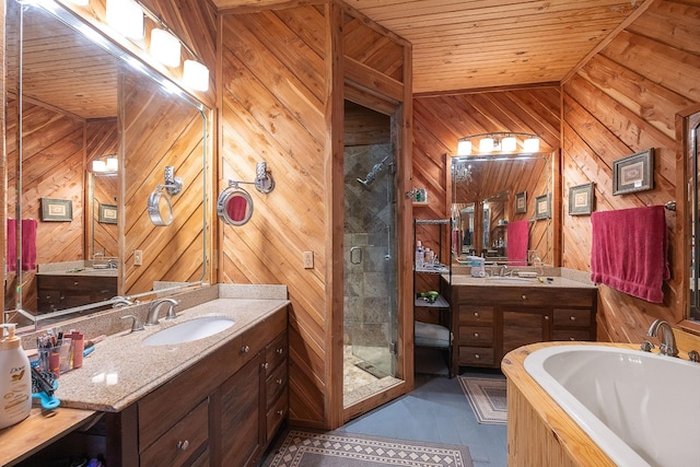 full bathroom featuring a garden tub, a stall shower, a sink, wood walls, and wooden ceiling