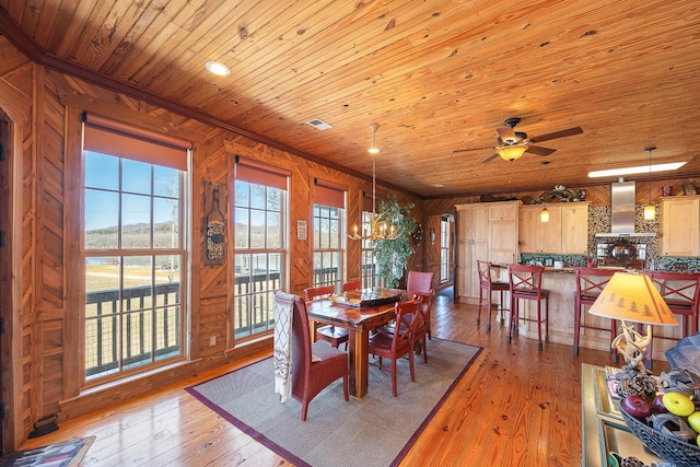 dining room featuring light wood-type flooring, wood ceiling, wooden walls, and ceiling fan with notable chandelier