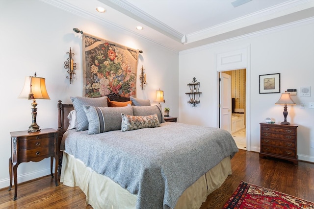 bedroom featuring baseboards, recessed lighting, wood finished floors, and crown molding