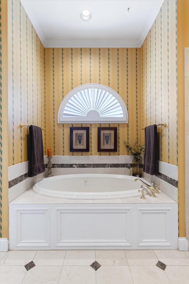 full bathroom featuring ornamental molding, a bath, and wallpapered walls