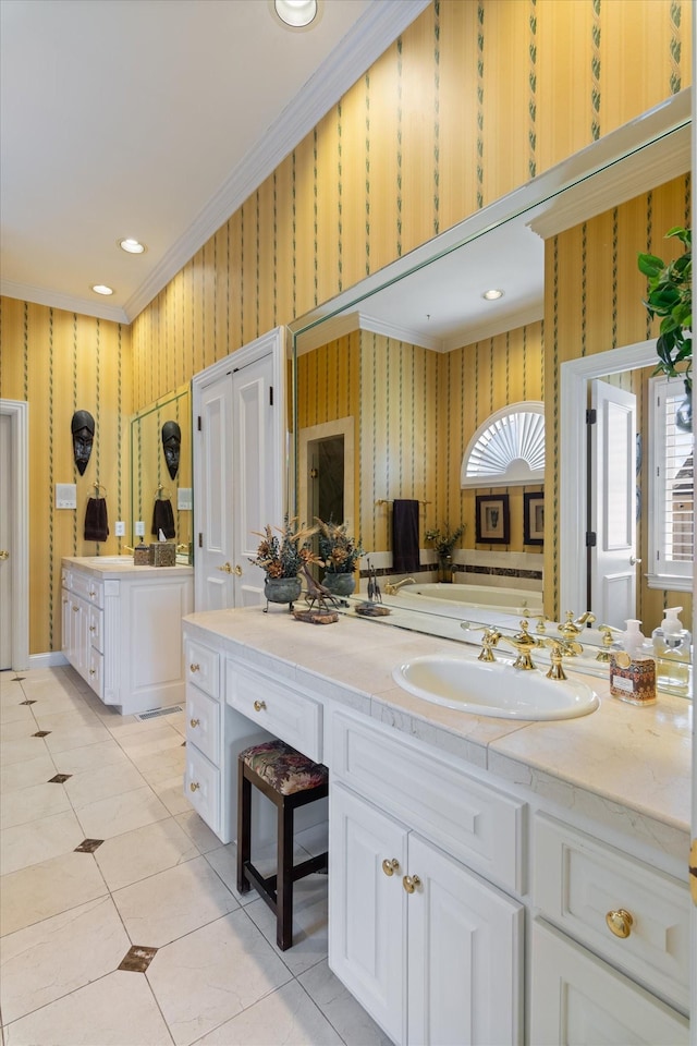 full bathroom with ornamental molding, tile patterned floors, vanity, and wallpapered walls