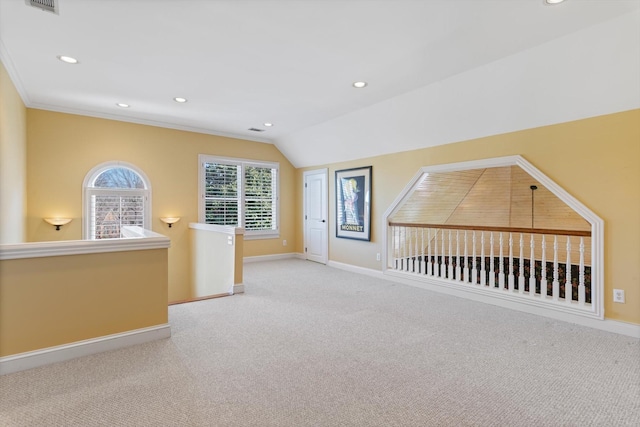 bonus room with lofted ceiling, recessed lighting, carpet flooring, and baseboards