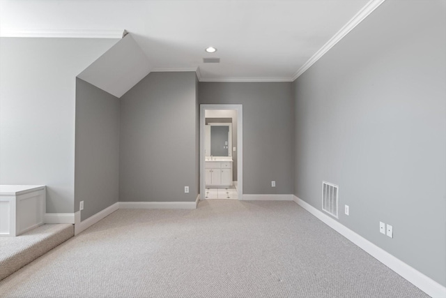 bonus room with light carpet, baseboards, and visible vents