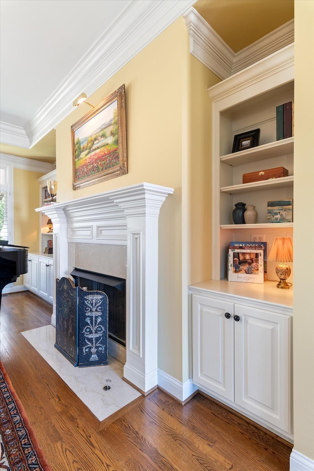 room details with a fireplace, wood finished floors, built in features, baseboards, and ornamental molding