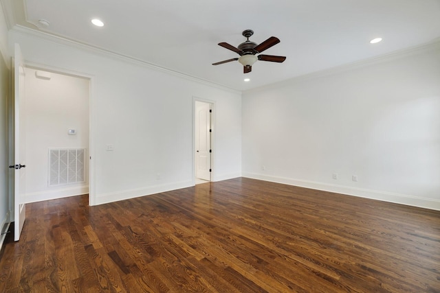 unfurnished room with ornamental molding, dark wood-style flooring, visible vents, and recessed lighting