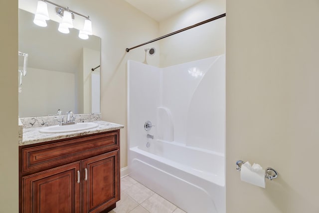 bathroom with tile patterned flooring, bathtub / shower combination, and vanity