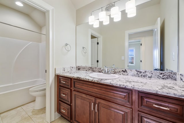 bathroom featuring toilet, shower / bath combination, tile patterned flooring, and vanity