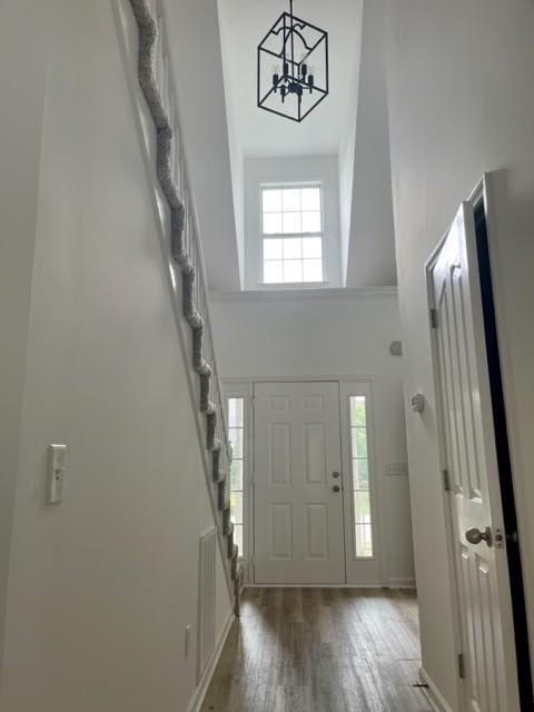 entryway featuring a towering ceiling, baseboards, and wood finished floors