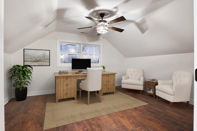 office with wood finished floors, a ceiling fan, visible vents, vaulted ceiling, and baseboards