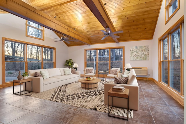 sunroom / solarium with a ceiling fan, wood ceiling, lofted ceiling with beams, and an AC wall unit