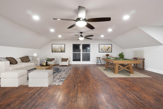 living area with recessed lighting, vaulted ceiling, and wood finished floors