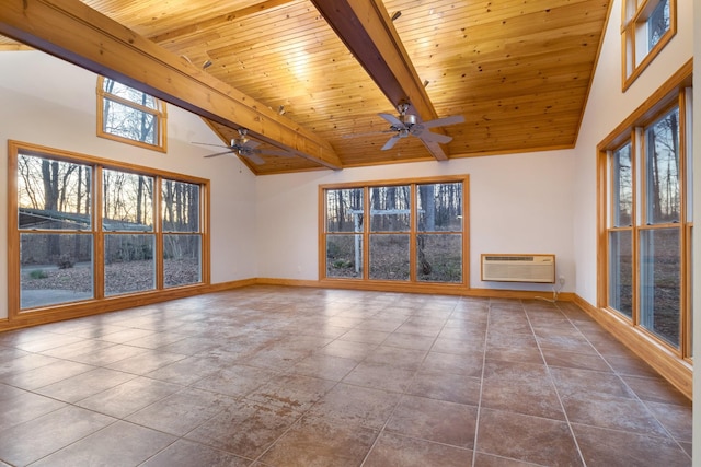 unfurnished room with wood ceiling, baseboards, beam ceiling, and an AC wall unit