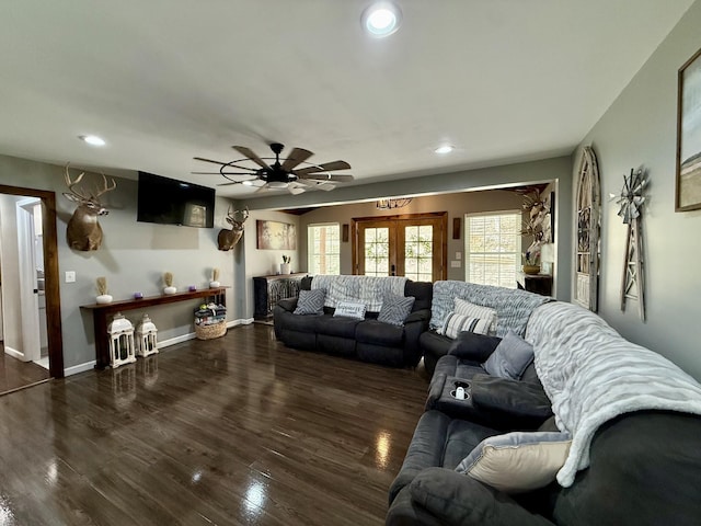 living room with baseboards, french doors, wood finished floors, and recessed lighting