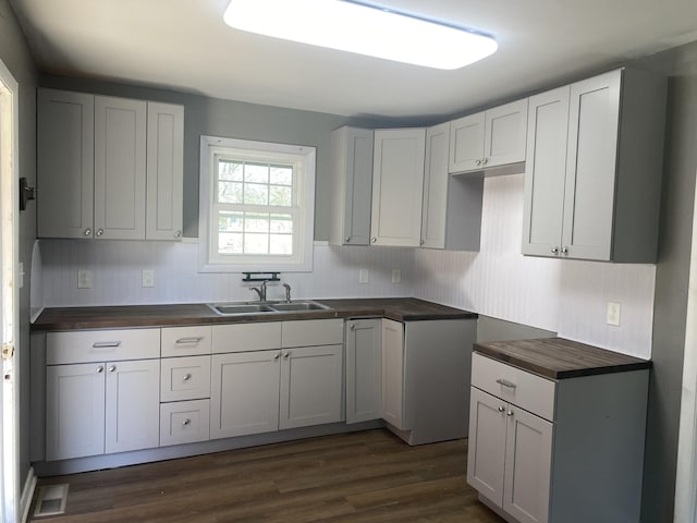 kitchen with butcher block countertops, visible vents, dark wood finished floors, and a sink