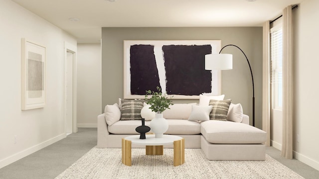 carpeted living room featuring baseboards