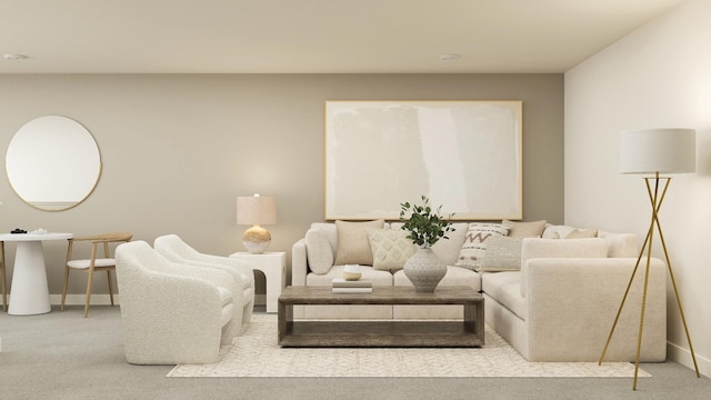 carpeted living area featuring baseboards