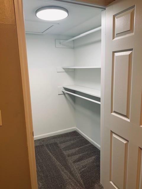 spacious closet featuring dark carpet