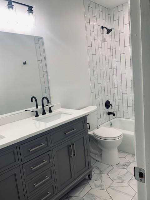 full bath featuring toilet, a sink, marble finish floor, shower / washtub combination, and double vanity