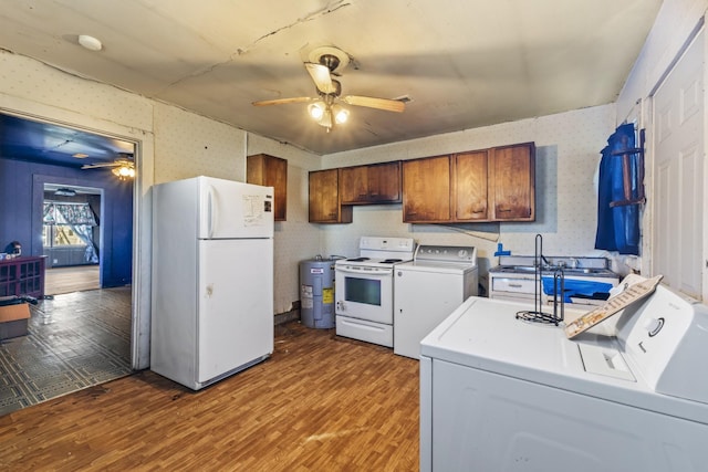 kitchen with ceiling fan, white appliances, and wallpapered walls