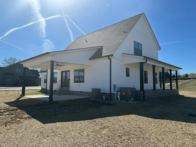 back of house featuring entry steps, a patio, ceiling fan, crawl space, and cooling unit