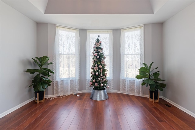 interior space with a wealth of natural light, wood-type flooring, and baseboards