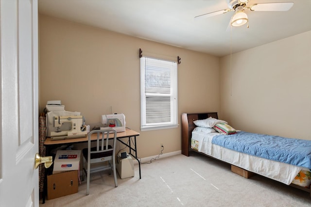 bedroom featuring ceiling fan, baseboards, and carpet flooring