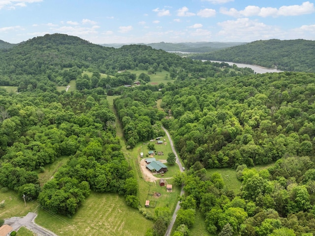 drone / aerial view with a water view and a forest view